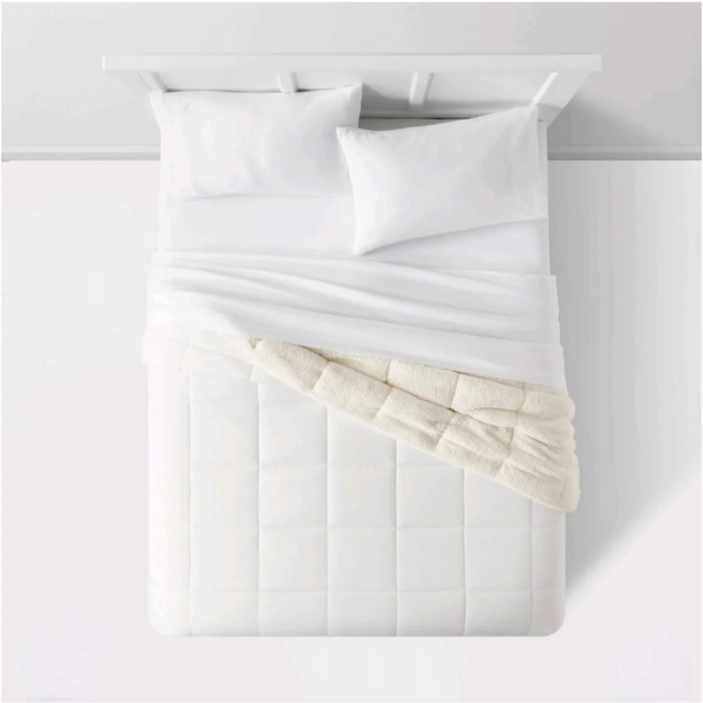 Room Essentials Faux Shearling Washed Microfiber Reversible Comforter white Twin